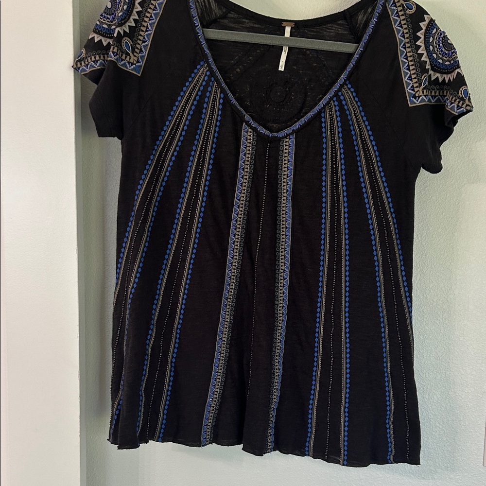 Free People Black Short Sleeve Tee with Blue & Gray Embroidery
